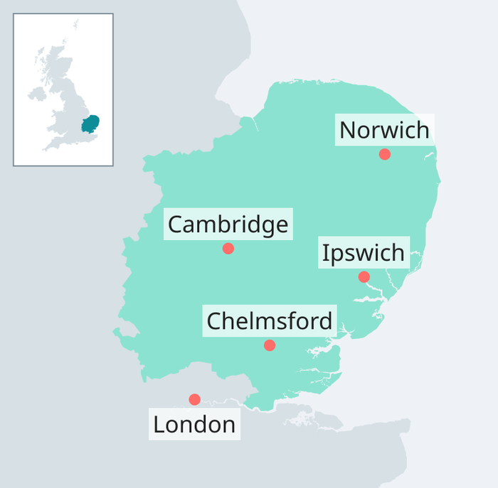 Map showing Cambridge, Norwich, Ipswich and Chelmsford in the East region of England showing nearby place of London