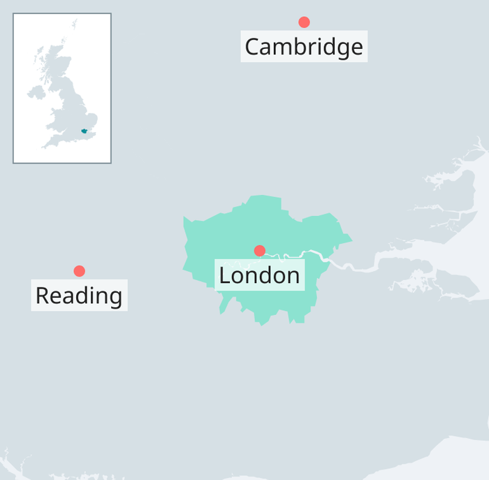Map showing London in the South West region of England and nearby places Reading and Cambridge