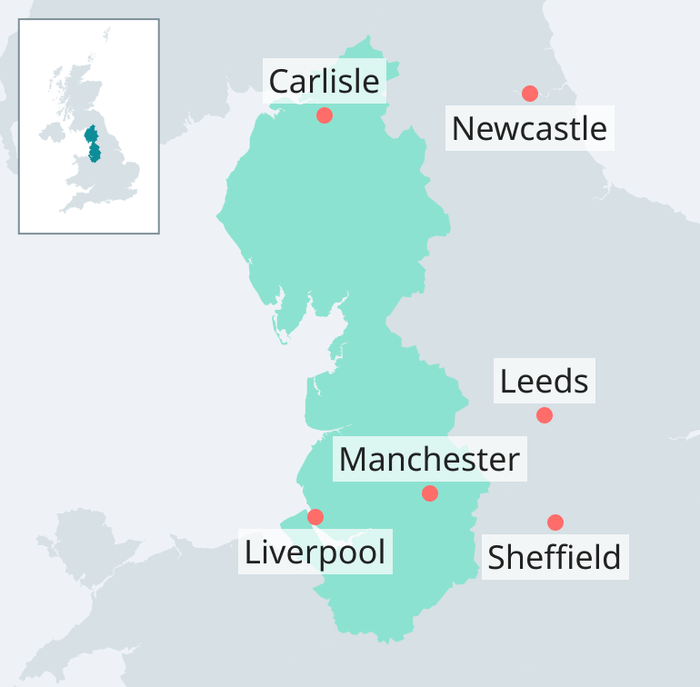 Map showing Carlisle, Manchester and Liverpool in the North West region of England with nearby places Sheffield, Leeds and Newcastle