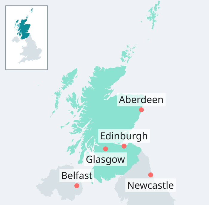 Map showing Aberdeen, Edinburgh and Glasgow in Scotland and nearby places Newcastle and Belfast