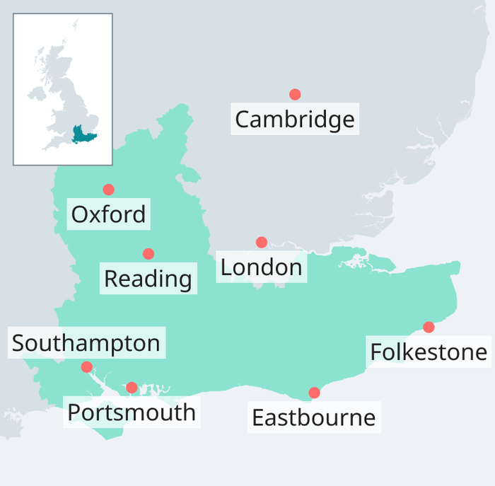 Map of the South East of England region showing the location of Oxford, Reading, Southampton, Portsmouth, Eastbourne and Folkestone. Also shows nearby locations of London and Cambridge.