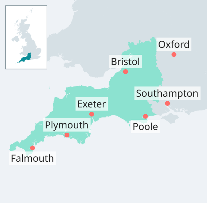 Map showing Bristol, Exeter, Plymouth, Falmouth and Poole in the South West region of England and nearby places Oxford and Southampton