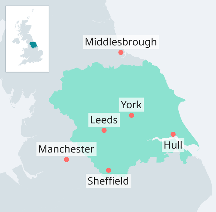 Map showing York, Leeds, Hull in the Yorkshire and the Humber region of England and nearby places Middlesborough and Manchester