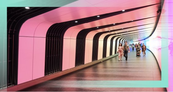 A picture of a innovative, creative and modern architectural space, with vibrant of pink and black colours and recessed lighting