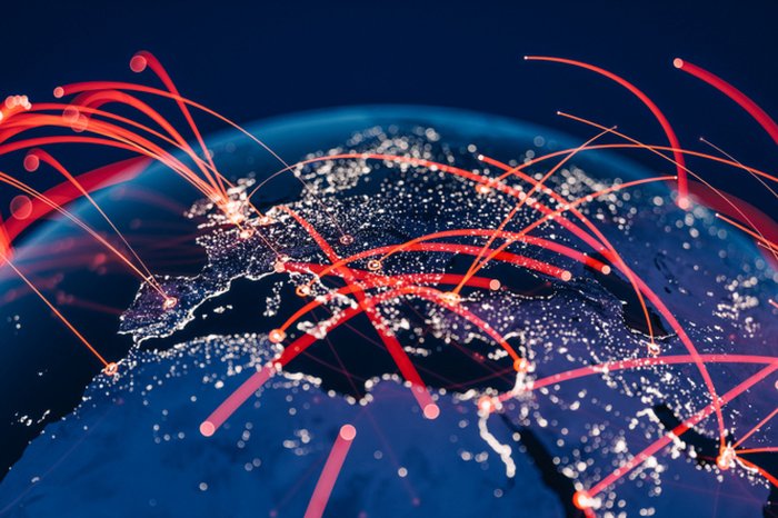 Image of lines connecting countries on a globe
